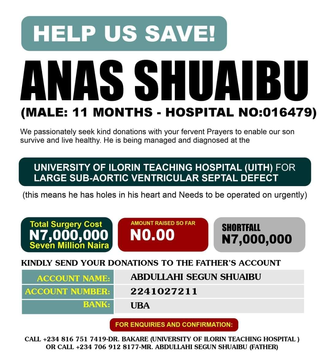 Queen_Raffy's tweet photo. This Fundraiser on is for a coursemate's Son. Please help with whatever amount you can afford. Even 500naira will go along way. Please help donate. Please...
Abdullahi Segun Shuaib
UBA Bank
2241027211
#SaveAnas https://t.co/sCvJnb7lFI