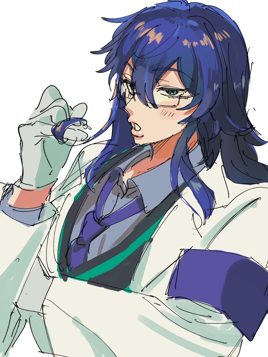 solo glasses labcoat gloves blue hair necktie 1boy  illustration images