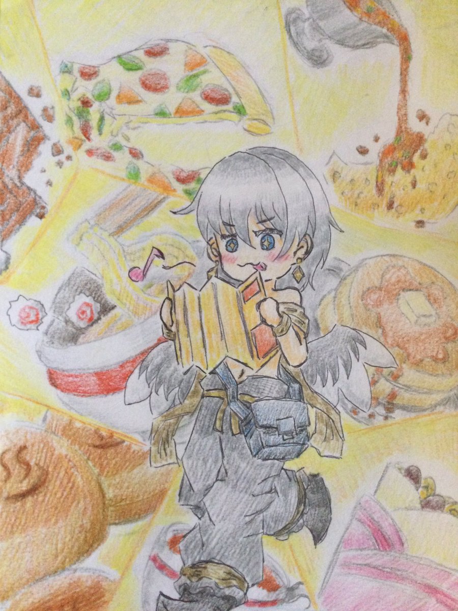 EJn0x's tweet photo. #多彩はうp主多すぎ 
ホルスくんがかわいかったので、背景に食べ物を添えて描いてみた✨🪶 https://t.co/htwikFSD3b