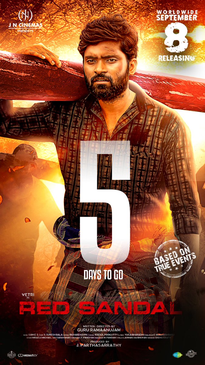 JnCinemas's tweet photo. #RedSandalWood is all set for coming Friday release. In cinemas from 8th Sept 

Just 5⃣ days to go 

@act_vetri @guru_ramanujam @JnCinemas @DiyaaMayurikha @GarudaRaam @kabalivishwanth @talk2ganesh @SamCSmusic
@resulp @ARichardkevin  @saregamasouth @ProBhuvan @CtcMediaboy https://t.co/QXVj8EHaxk