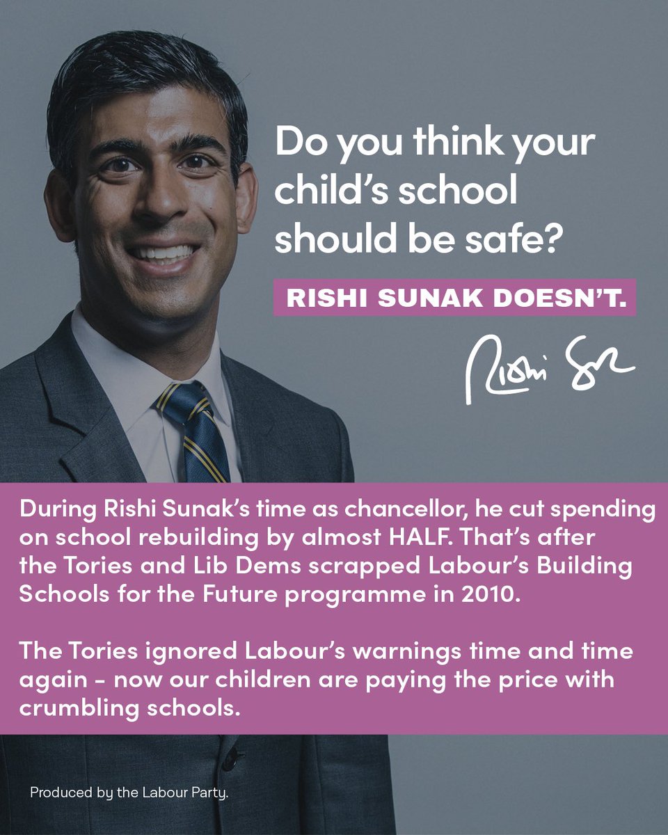 UKLabour's tweet image. Rishi Sunak’s Tories are letting your children’s school crumble.