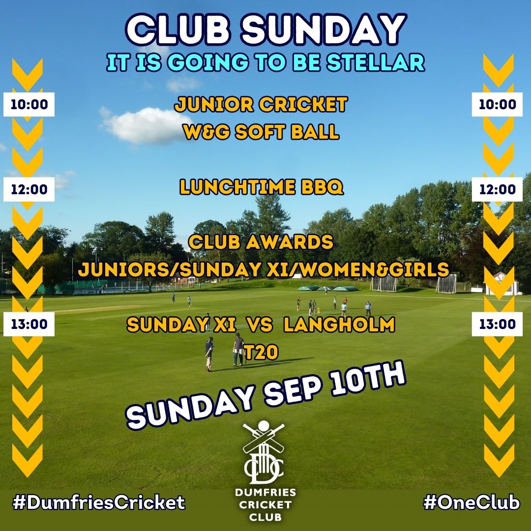 DumfriesCricket's tweet photo. 🤗 Our Club Day is next Sunday #DumfriesCricket 
👨‍👩‍👧‍👦 For all the family from  the youngest juniors to seniors, W&amp;G players and supporters 🧑‍🍳🏏🏆🏃 #OneClub https://t.co/x5fpGvxqqF