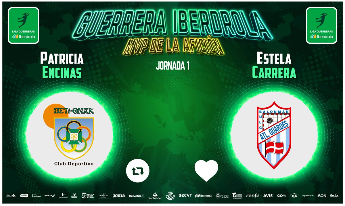 Liga Guerreras Iberdrola (@iberdroladhf) on Twitter photo ⭐️#GuerreraIberdrola - Jornada 1
🆚 <a href="/Beti_guerreras/">Replasa Beti-Onak</a> : <a href="/Atlguardes_ofic/">Mecalia Atlético Guardés</a>
♻️ RT: <a href="/patriEncinas/">patricia encinas</a>
❤️ Me gusta: <a href="/estelacarrera16/">Estela Carrera</a> ⭐️#GuerreraIberdrola - Jornada 1
🆚 <a href="/Beti_guerreras/">Replasa Beti-Onak</a> : <a href="/Atlguardes_ofic/">Mecalia Atlético Guardés</a>
♻️ RT: <a href="/patriEncinas/">patricia encinas</a>
❤️ Me gusta: <a href="/estelacarrera16/">Estela Carrera</a>