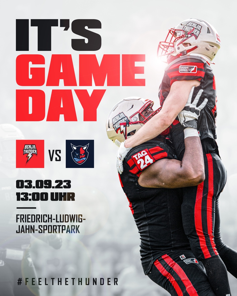 SHOWTIME 📺️ ⁠ 🎟 Tickets: ticketmaster.de/event/berlin-t… ⁠ 🆚 Hamburg Sea Devils⁠ 🗓 HEUTE / TODAY 🕞 13:00 Uhr / 1 p.m.⁠ 🏟 Friedrich-Ludwig-Jahnsportpark⁠ 📺 @prosiebenmaxx & ELF Gamepass⁠ ⁠ #feelthethunder #HSDatBTH #ELF23 #berlin #berlinthunder #europeanleagueoffootball ⁠