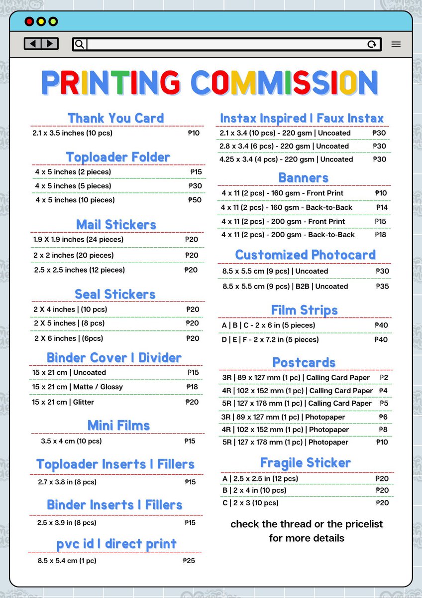 _ddeo_nu's tweet photo. . . . wts lfb lf | ph

ꔫ printing service | commission  | mail/seal/fragile stickers, thank you card, toploader folder, binder cover, instax,  custom photocard, photostrip, toploader/binder inserts, banners, postcard, other printing comms |

- dm for inquiries 
- open for all https://t.co/1i0on1ukMG