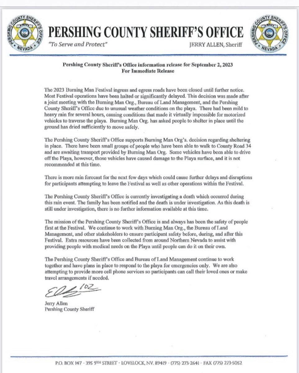 BCWildfireHelp's tweet photo. ‘Ingress and egress closed’👀
9/2 - (pm update) - no time stated
➡️ New statement from #PershingCounty Sheriff’s Office &amp; #BurningMan death investigation limited update https://t.co/ZbPXgZkUNp