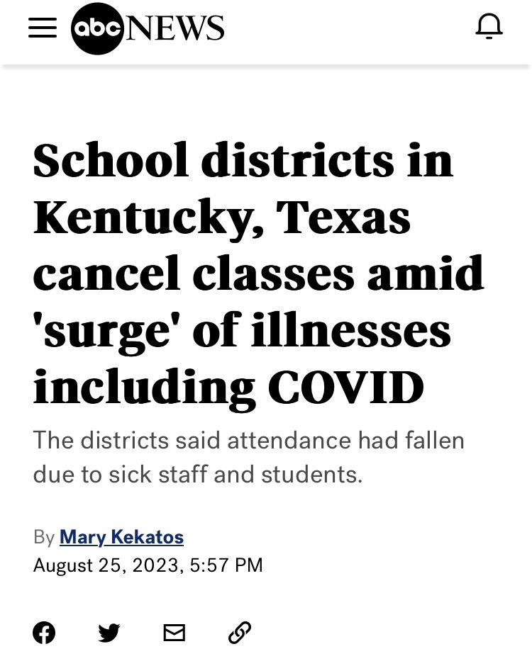 “Just weeks into the new school year, districts in multiple states are canceling in-person classes for several weeks due to respiratory viruses, inc COVID-19, among students and staff” @abcnews #LongCovidKids #BackToSchool #DontLookUp #TeacherTwitter abcnews.go.com/Health/school-…