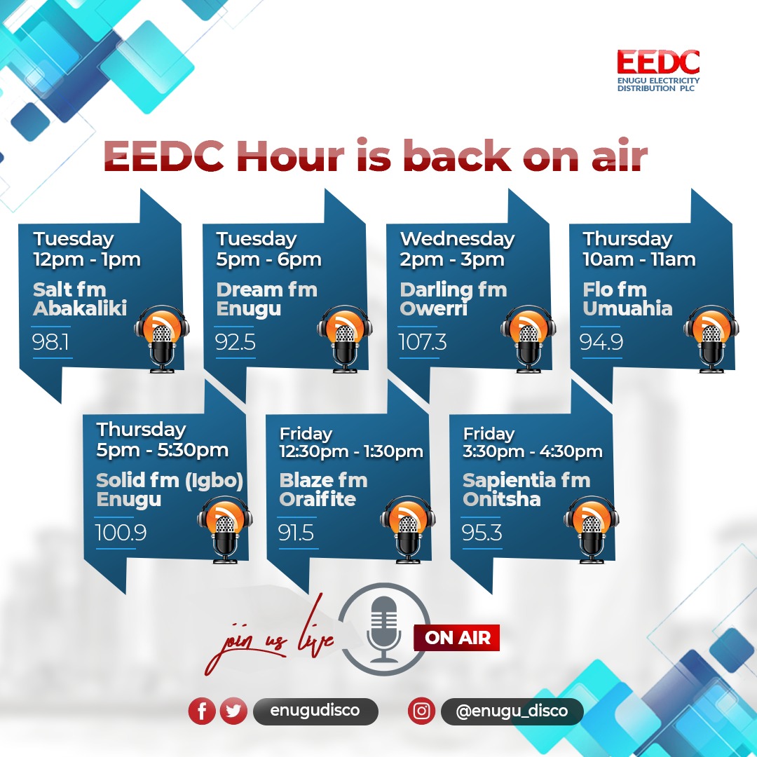 We are back on Air!
Kindly tune in let's interact.
Help EEDC serve you better!
#EEDCHour
#CustomerInteraction
#CustomerEducation