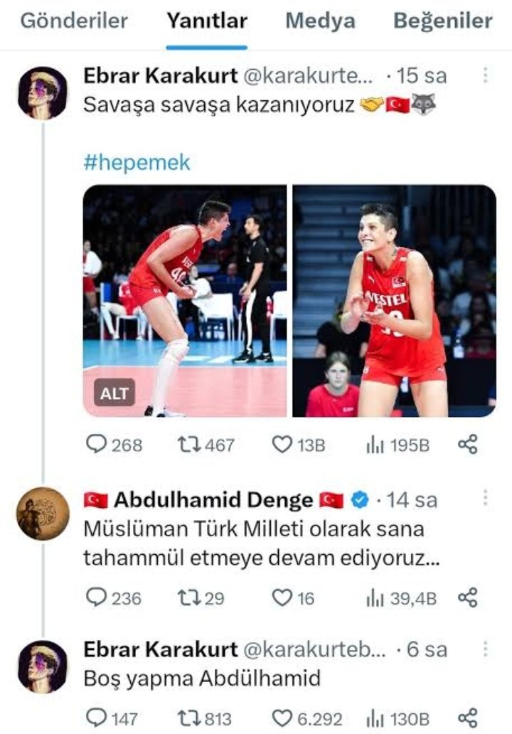 AvAliDvrmAn's tweet photo. BOŞ YAPMA TROL

Mesele ne Ebrarın twiti ne de #Lezbiyen'lik. Asıl amaç Başarılı Atatürk Kızlarının yetişen genç nesile örnek olmasını engellemek

Okşan Melih başta olmak üzere ne kadar geri zekalı varsa "Mal bulmuş mağribi gibi" üstüne atladığı Mesele şu:

#FileninSultanları'nın başarılı oyuncusu Ebrar Karakurt finale çıkmanın coşkusuyla bir twit atıyor "Savaşa savaşa kazanıyoruz"

Ebrarın twitine Abdülhamid Denge isimli bir paçoz yorum yapıyor "Müslüman Türk Milleti olarak sana tahammül etmeye devam ediyoruz"

Ebrar da kapağı geçiriyor
"Boş yapma Abdülhamid"

Burada adı geçen Abdülhamid Sultan Abdülhamid değil sıradan bir vatandaş
ve bu çakal troller bunu çok iyi biliyor