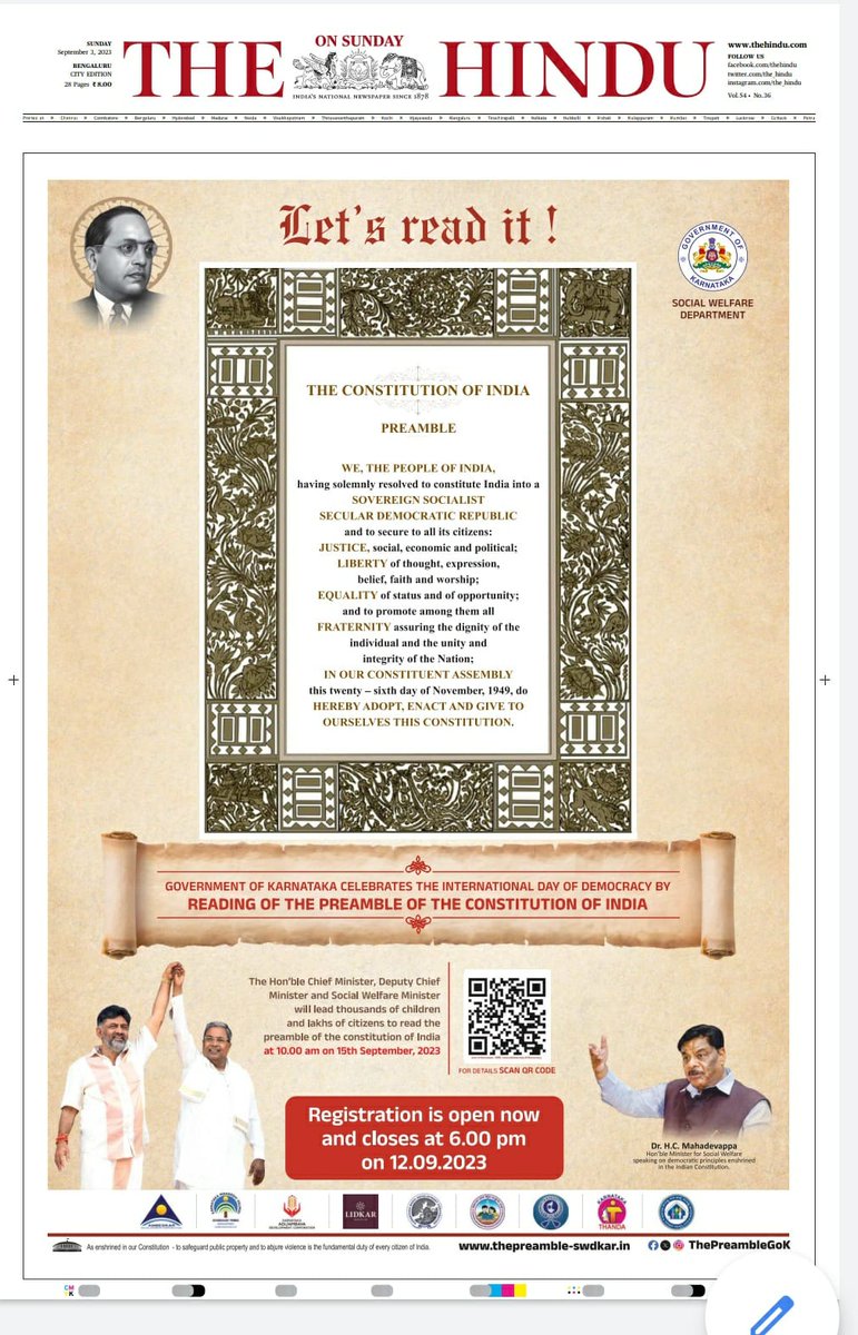 Govt of Karnataka @SWDGok celebrates the International Day of Democracy, 15th Sept, by enabling the reading of the PREAMBLE of the Constitution by lakhs of children and people. 

Have you registered to read the Preamble on 15th September? 

thepreamble-swdkar.in/#home