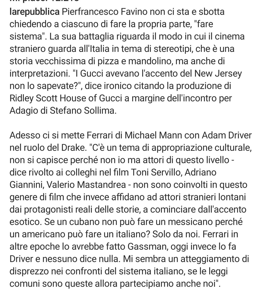 Favino fa il punto e si scaglia contro gli " stereotipi" che,quasi sempre, accompagnano i personaggi Italiani nei film stranieri!
Basta " pizza, spaghetti e mandolino "...io ci aggiungo, oggi ,anche MOZZARELLA al ritiro di un premio!
L' Italia è molto altro ...
#Venezia80