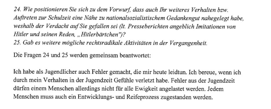 Wer auf die Frage, ob es in der eigenen Vergangenheit rechtsradikale Aktivitäten gab, nicht klar mit "Nein" antworten kann, hat in der bayerischen Staatsregierung nichts zu suchen
#aiwanger