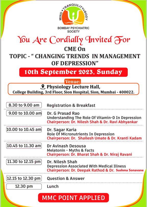 Join us on September 10th, 2023, for an enlightening CME event on 'Changing Trends in Management of Depression.' The program promises a unique opportunity to gain profound insights into the evolving landscape of depression management.

#BPS #Depression #CME