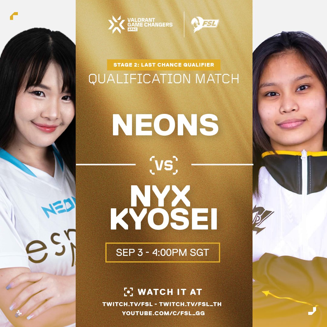 Only one of these 2 teams will get the final spot of VCT Game Changers APAC Series: Elite. 
Don't miss the final qualification match! 

📺:
EN: twitch.tv/fsl
TH: twitch.tv/fsl_th
ID: youtube.com/c/fsl_gg

#VCTGameChangersAPAC