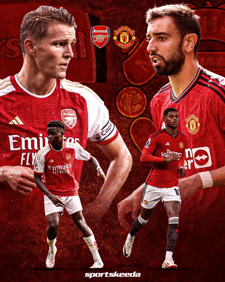 skworldfootball's tweet photo. Who's ready for some heart-pounding action on the pitch? 😮‍💨🔥

🔴⚪️ Arsenal ⚔️ Manchester United 🔴⚫️

#ArsenalManchesterUnited #PremierLeague #football https://t.co/k5LtlyMRmj
