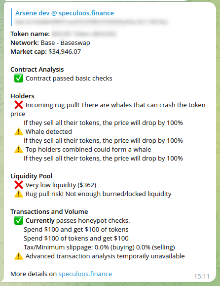 ArseneSpeculoos's tweet photo. Base is now supported for Token Research on Speculoos Finance!

Our users can research tokens @AlienBaseDEX @BaseSwap_Fi, Area51, with more to come!

Honeypot detection, contract analysis, whale checks, anti-rug, blacklist honeypots....

#BaseChain #tokenresearch #DYOR @BuildOnBase @speculoosfin