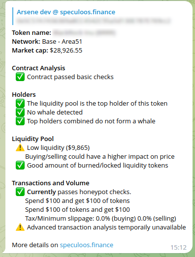 ArseneSpeculoos's tweet photo. Base is now supported for Token Research on Speculoos Finance!

Our users can research tokens @AlienBaseDEX @BaseSwap_Fi, Area51, with more to come!

Honeypot detection, contract analysis, whale checks, anti-rug, blacklist honeypots....

#BaseChain #tokenresearch #DYOR @BuildOnBase @speculoosfin