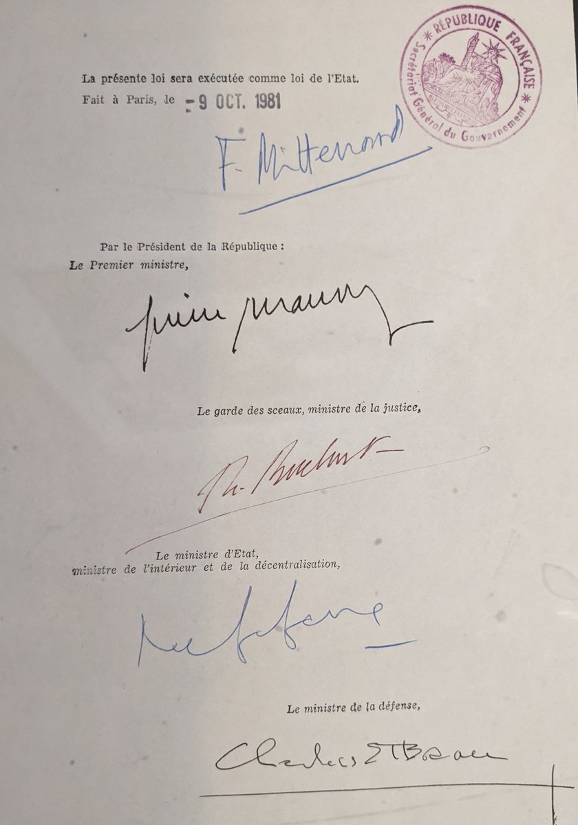 CrimLib's tweet photo. The #crimlib is on the road and still finding interesting criminology resources. Today at @ArchivesnatFr is the original and signed document that abolished the death penalty in France in 1981. https://t.co/DgzFI4gf0P