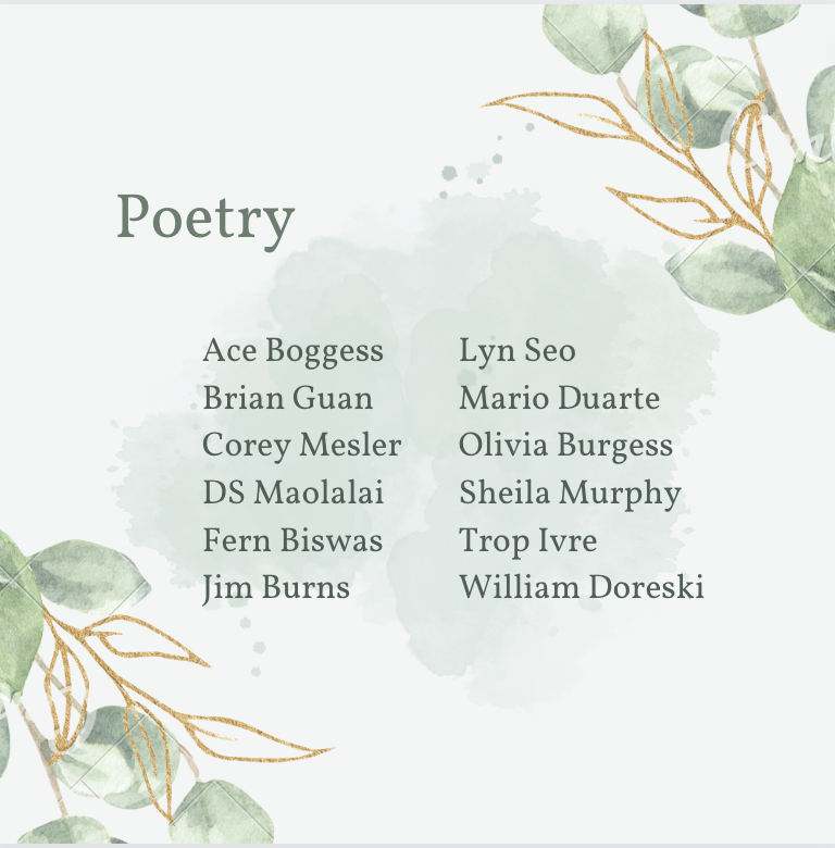EucalyptusLit's tweet photo. we love all of you...
but especially our Issue 1 contributors

https://t.co/oS6n56SIsg https://t.co/8fz9vwdZQ7
