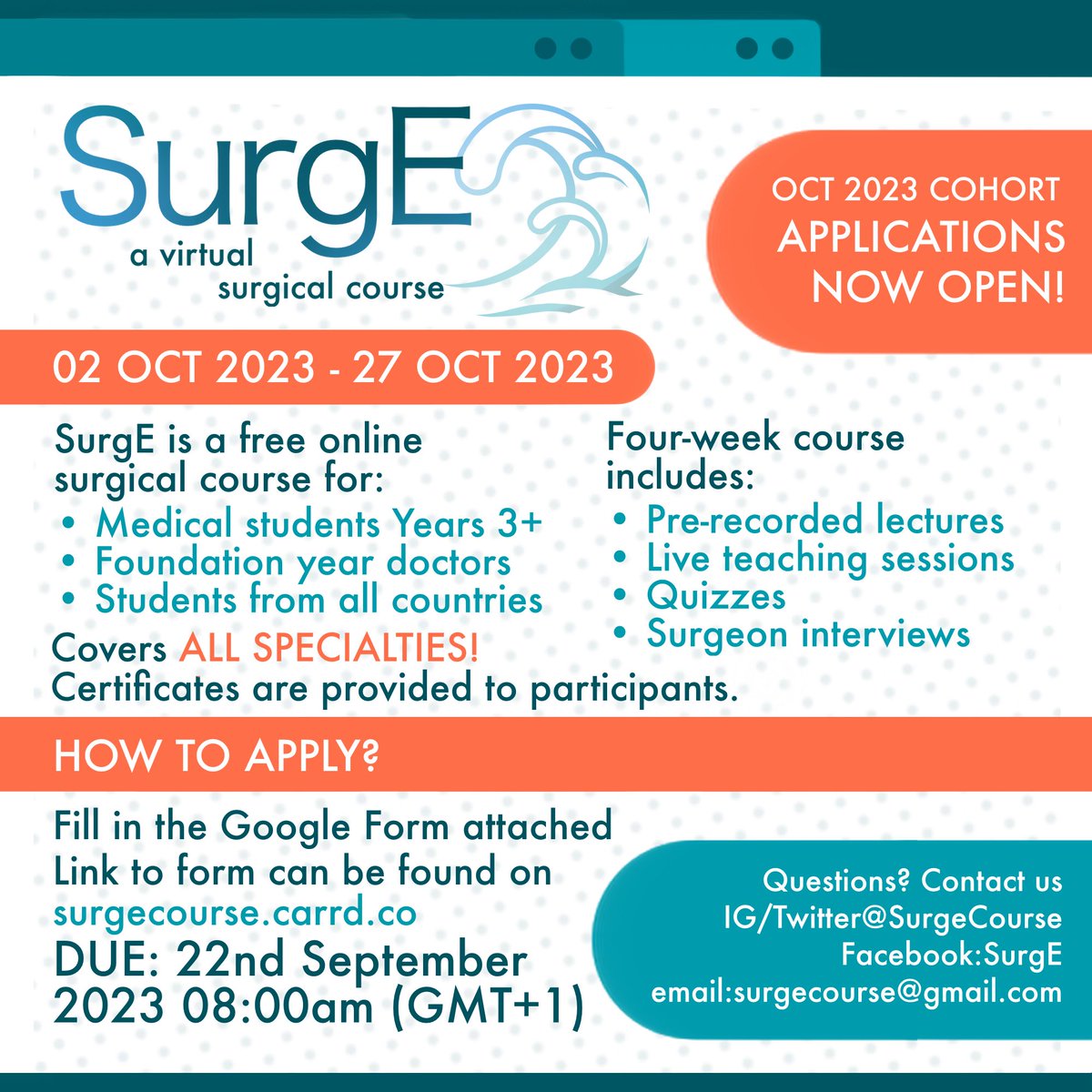 SurgeCourse's tweet photo. Applications are now OPEN for our Oct 2023 cohort!
———
This SurgE course is completely free and will run from 2nd Oct to 27th Oct 2023! Certificates will also be handed out to participants.
Simply fill in the Google form provided in https://t.co/I8Pb8mn2oV
———
#surgecourse https://t.co/hqEw0Tg0Pg