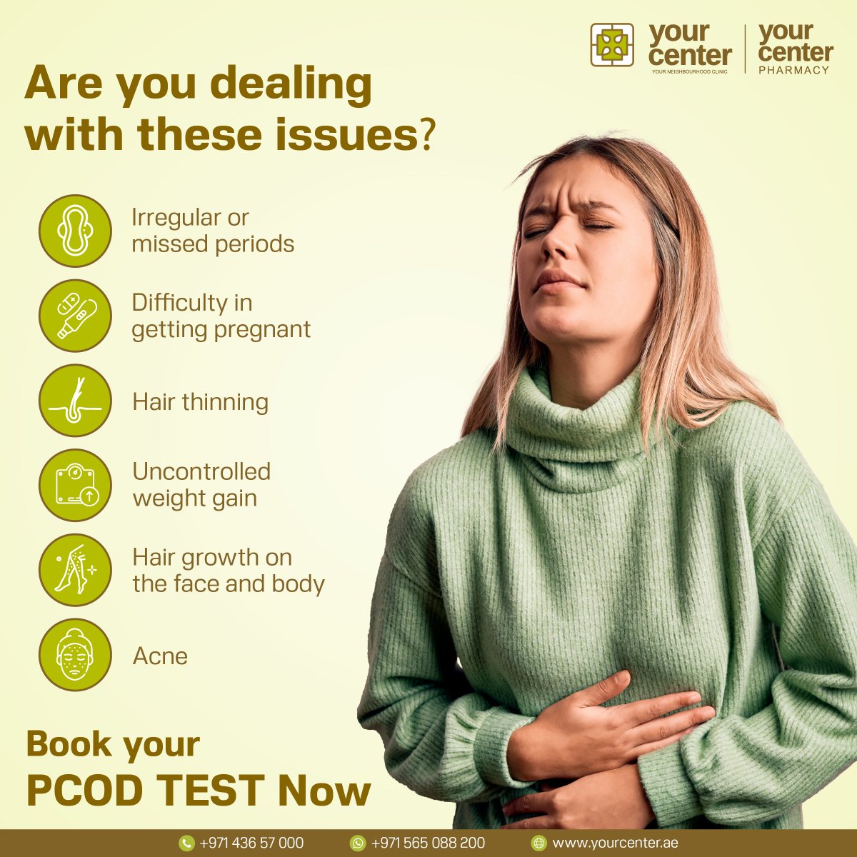 Don't Let PCOD go unnoticed, Book your test today and start a healthy living!

📍Your Center Polyclinic
Afnan 3 Building, Midtown, Dubai Production City

📞 +971 565088200

#pcodtestdubai #healthylivingdubai #impzdubai #dubaiproductioncity #dubaiclinic