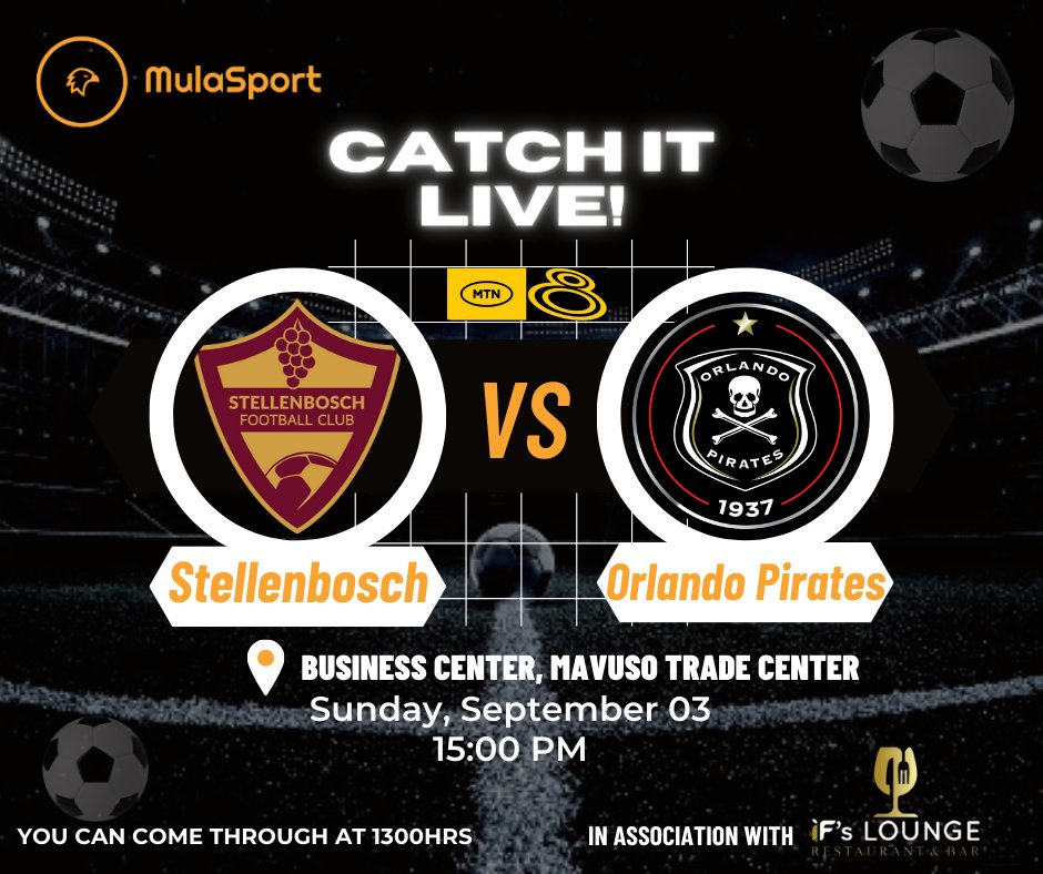 mula_sport's tweet photo. Find us at IF's Lounge today at the Trade Fair and catch Arsenal v Manchester United and Stellenbosch v Orlando Pirates LIVE on the big screen.🖥⚽️
Lots of music and food🍻
See you there!
#BetResponsibly #BetMulasport #eitf23 https://t.co/mLHUZCuMGh