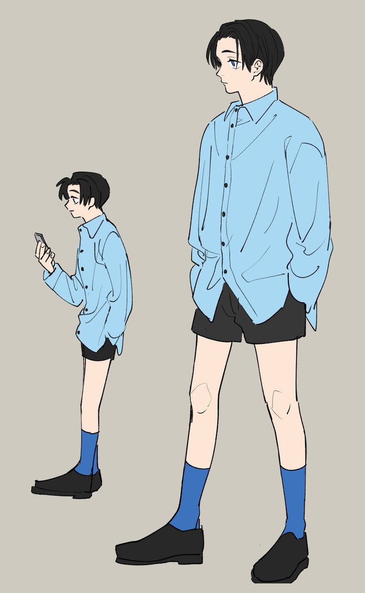 1boy shirt shorts male focus blue shirt black hair socks  illustration images