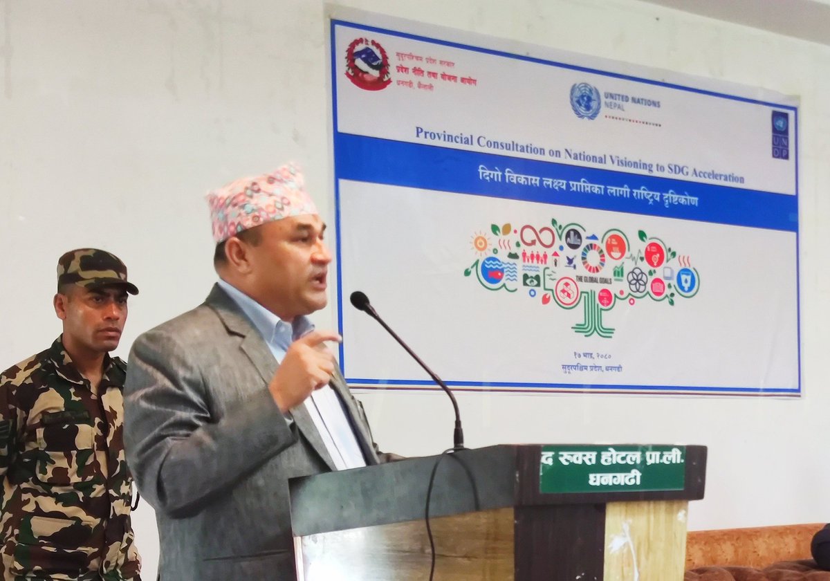 UNDPNepal's tweet image. Resource gap shouldn’t hold us back! At the provincial consultation on SDG acceleration, Sudurpashchim CM Kamal Bahadur Shah called on all stakeholders to join hands and promised full support for #SDGAcceleration #GlobalGoals