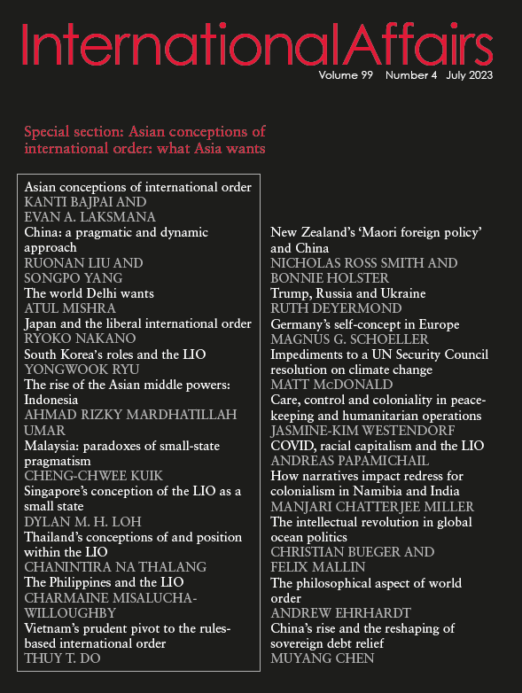 📣 Final day to download free ‼️ 

Special section on Asian conceptions of international order: what Asia wants, edited by <a href="/BajpaiKanti/">Kanti Bajpai</a> and <a href="/EvanLaksmana/">Evan A. Laksmana</a>.

Download the articles here > academic.oup.com/ia/issue/99/4