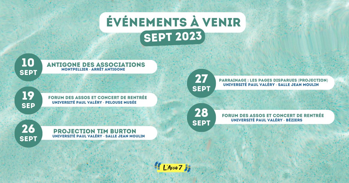 #septembre | PLANNING 📆

La rentrée approche à grands pas et l’asso 7 fait aussi son grand retour !!! 🥳

Le mois de septembre va être chargé en événements et nous espérons vous y voir !!! 🫶

#Asso7 #viedecampus #universitépaulvalery #rentrée