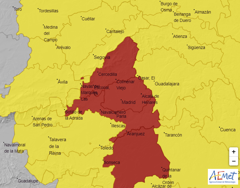 🔴#ÚLTIMAHORA | Aemet amplía el aviso rojo (riesgo extremo) a toda la Comunidad de #Madrid desde las 12h y hasta las 00h por precipitaciones que pueden ser torrenciales y que pueden acumular hasta 120 litros/m² en 24 horas, o incluso en menor espacio de tiempo. #Lluvia #FMA #DANA