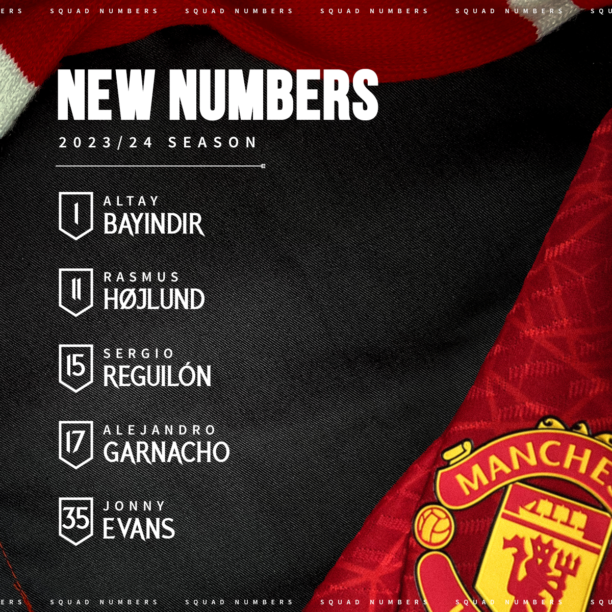 ManUtd's tweet photo. Confirmation of 5️⃣ new squad numbers for 2023/24...

ℹ️ There will be a further update on Sofyan Amrabat in due course.

#MUFC