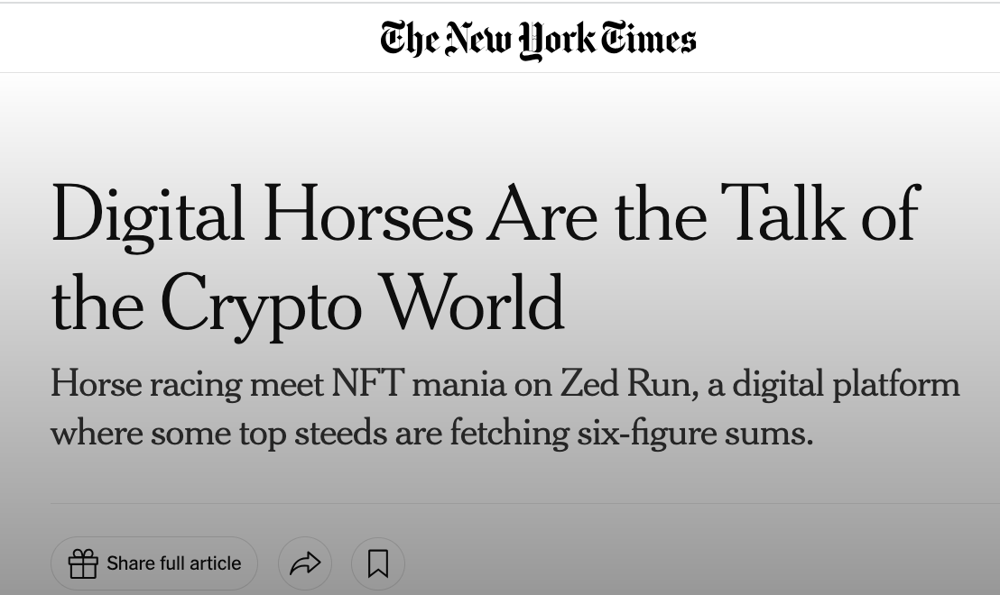 NFTreeVerse's tweet photo. Peak 2021 bull market saw this headline at the New York Times:
Will crypto horses run again? 🧵 https://t.co/vpXVJ3Fs67