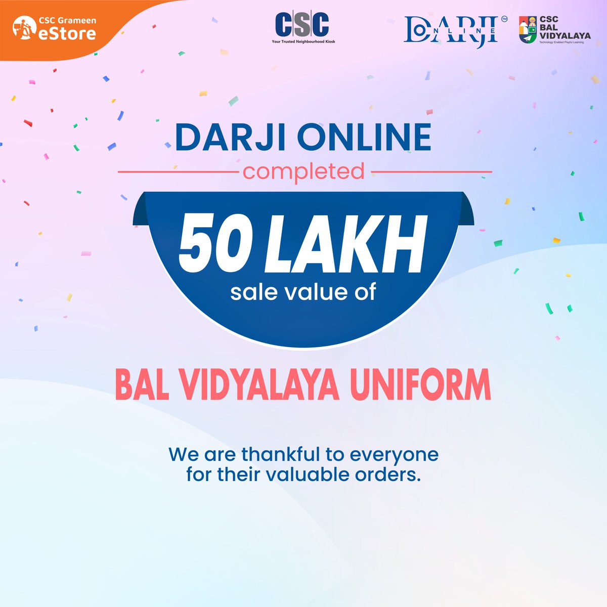 DarjiOnline's tweet photo. 🎉Celebrating 50 Lakh Sales on Bal Vidyalaya Uniforms! 🙌 Thanks to our amazing CSC Grameen eStore Team and our incredible customers for making this milestone possible. 💙 #BalVidyalayaUniforms #MilestoneAchievement #ThankYou #darjionline #cscestore https://t.co/7XFPGgBHMO