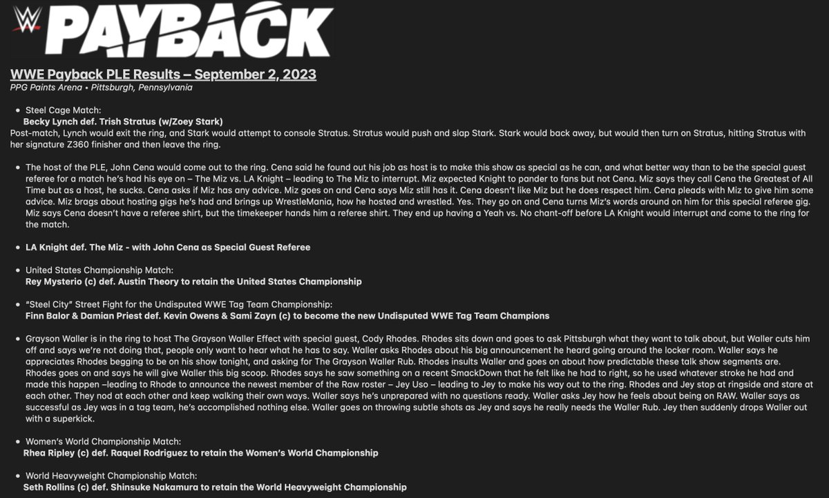 _PWChronicle's tweet photo. #WWEPayback Results – September 2, 2023. https://t.co/cXYq8gq3Jr