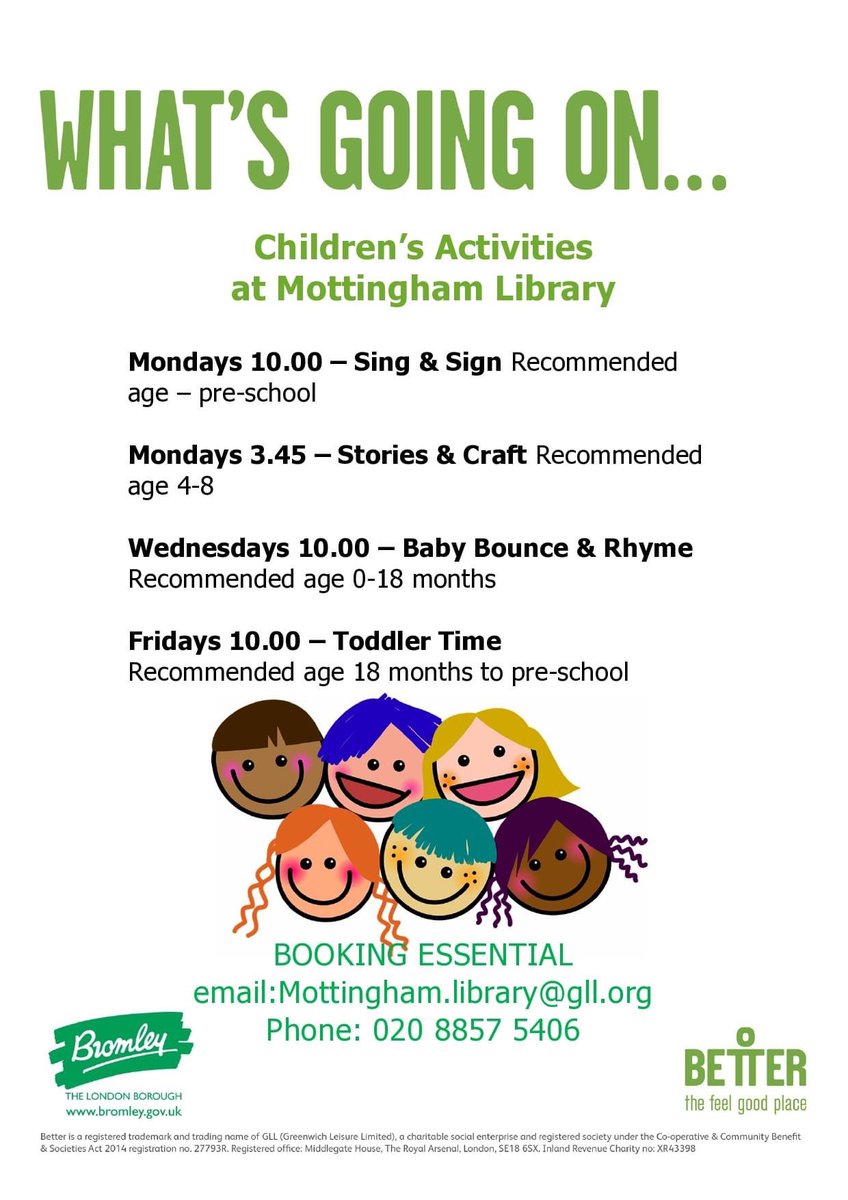 BromLibraries's tweet photo. All our children's events at #MottinghamLibrary will be reverting to their term time sessions from tomorrow. Please remember to book your space, as these sessions are very popular! @LBofBromley @Better_UK @mottchampions @BromleyWell @BPVForum https://t.co/5M41TkdGOG