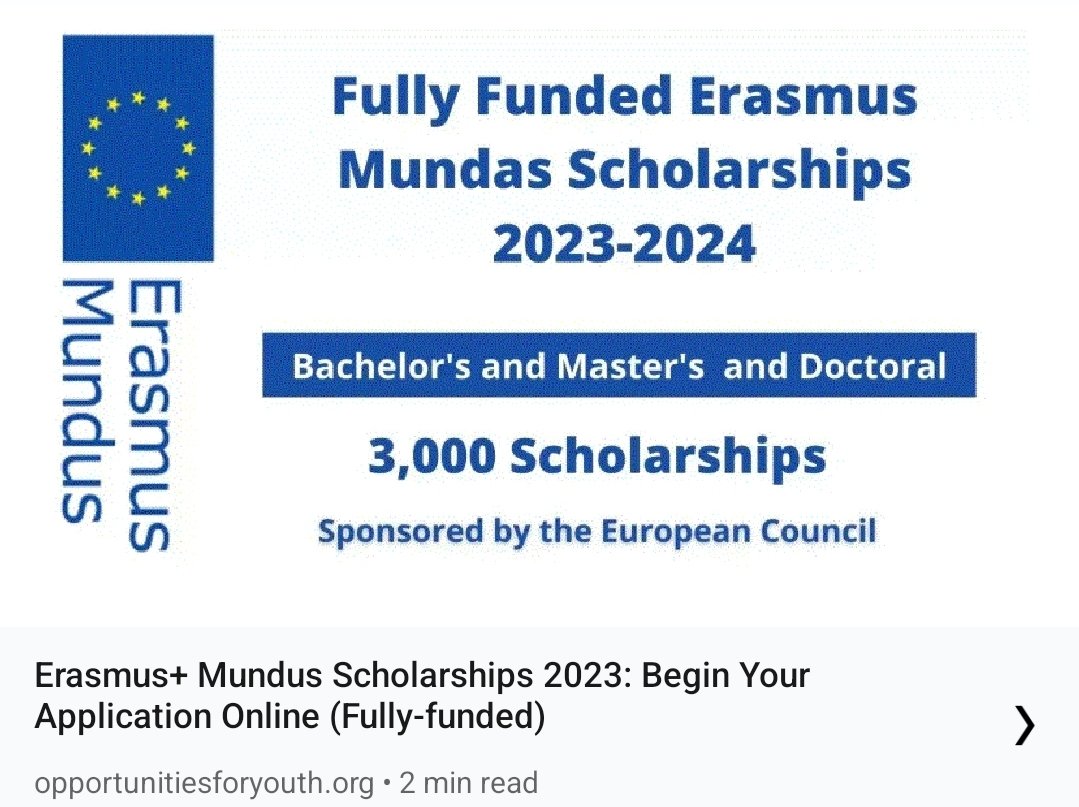 opportunitiesfy's tweet photo. Exciting news! Fully-funded Erasmus Mundus Scholarships open for international students. Study in multiple European countries, gain valuable experience. Apply now: https://t.co/GVB9q8PItL 

#ErasmusMundus #Scholarships #StudyAbroad https://t.co/lRLalUsQgk