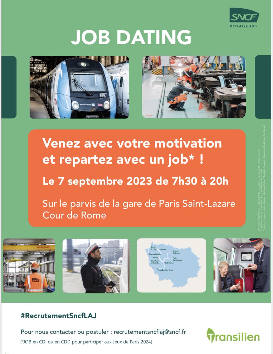 🫵🏽 Vous cherchez un Job! Rdv le 7 septembre 2023 de 7:30 à 20:00 sur le parvis de la gare Saint Lazare (Cour de Rome) #RecutementSncf