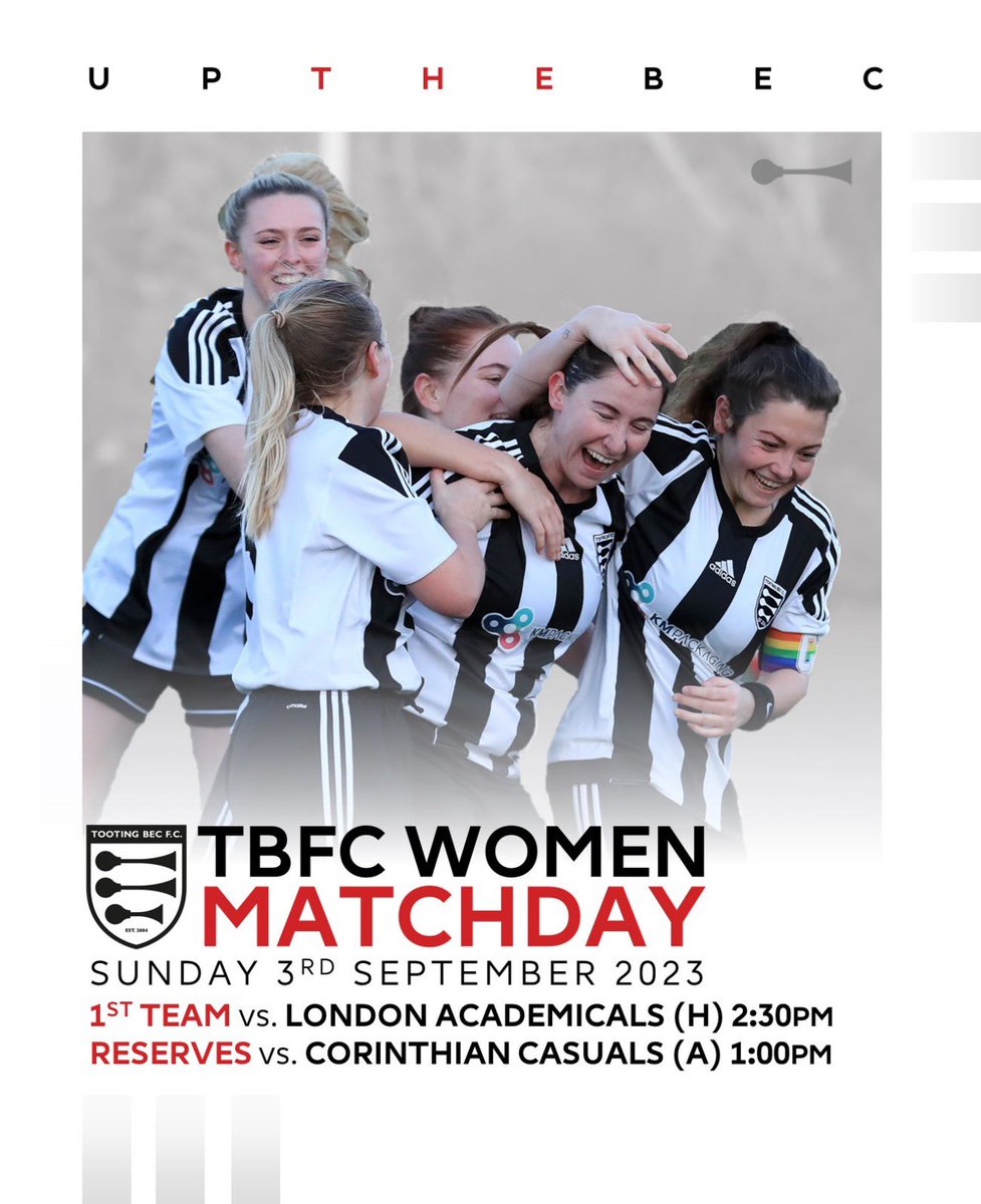 TootingBecFC's tweet photo. Our women kick-off their @GLWFLeague campaigns this afternoon, all support welcome as we try to get off to a winning start 💪

1pm - reserves v @CorCasWomen  at St Catherines Playing Fields, SW20 9NL
2.30pm - first team v @londonaccies @OfficialTmufc (back 3G)

#upthebec 🎺🎺🎺 https://t.co/gt7mt7hdx0