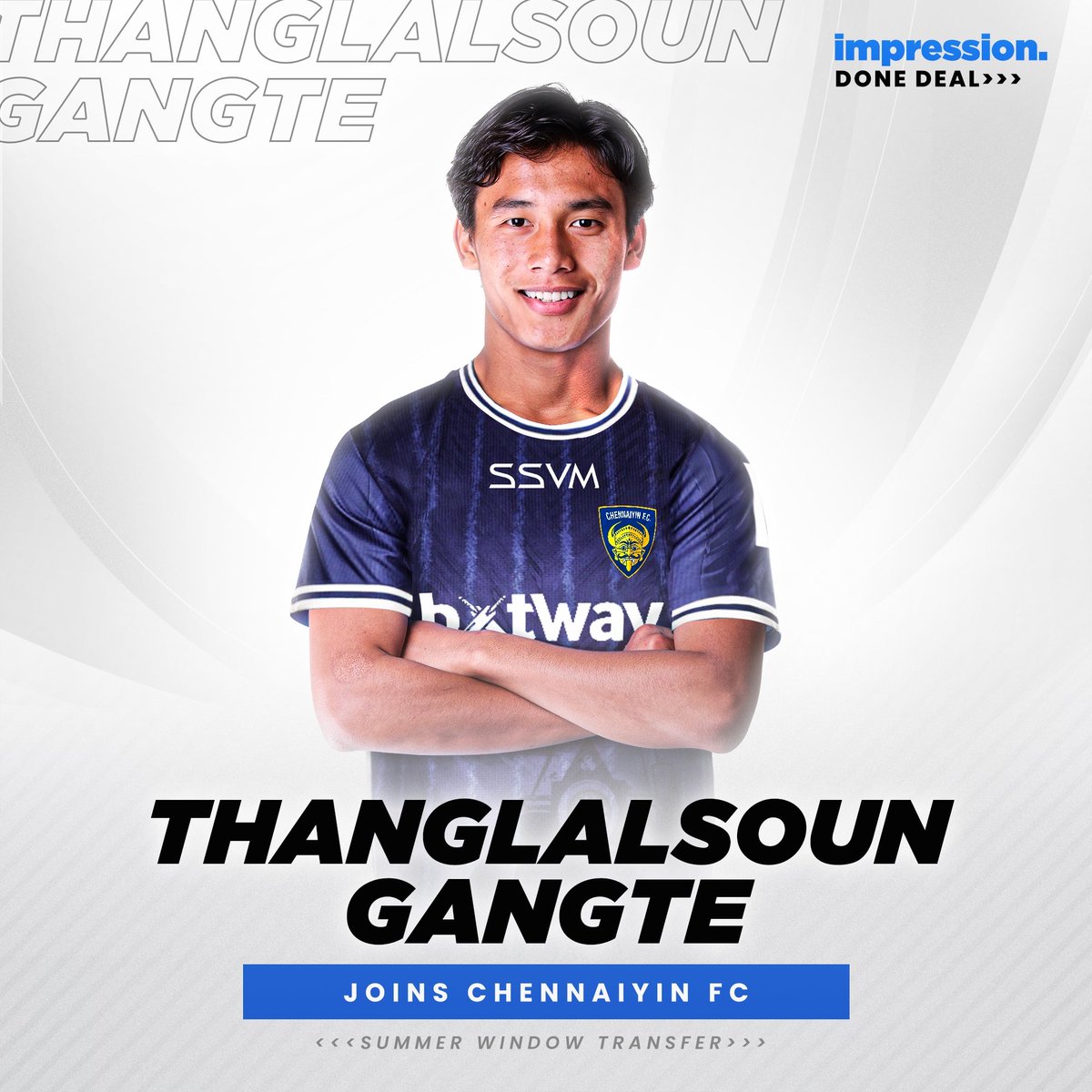A new prodigy has arrived in Chennai!🤩

Our talent Thanglalsoun Gangte joins two times ISL champions Chennaiyin FC on a multi year deal from Sudeva Delhi FC. Glad to have made this move!💪🔥

#ImpressionAthlete #IndianFootball #TeamImpression #ChennaiyinFC #FootballTransfer