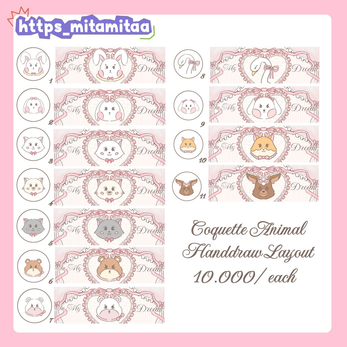 https_mitamitaa's tweet image. Help rt, thank you 💖
Halo semua! Mitaa bawa layout handdraw ready stock rs nih! Tema animal coquette 🪞🩰 Bisa di take sekarang jugaa!
Price: 10k
Avail replace text ✅️
Yang berminat bisa langsung dm/wa @https_mitamitaa Thank you 🤩🙌
#zonauang