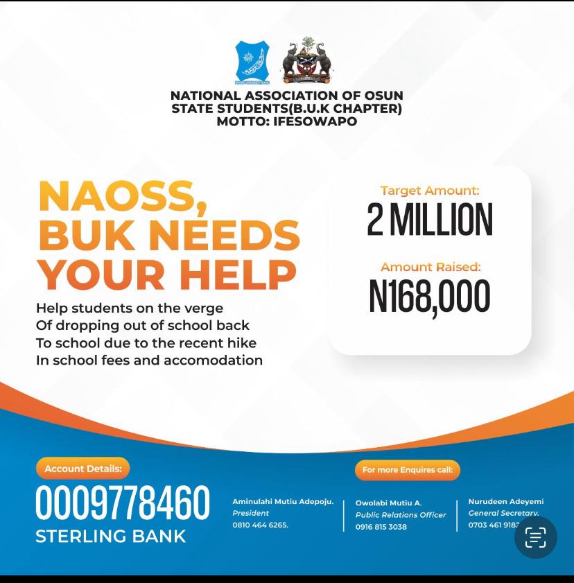 Good day ladies and Gentlement 

Its with great sympathy that I write on behalf of the Entire Osun State students for Fund raising to help our colleagues who aren't able to pay their Reg. Fees, 
We are currently soliciting for Fund to help them pay their Registration fees...