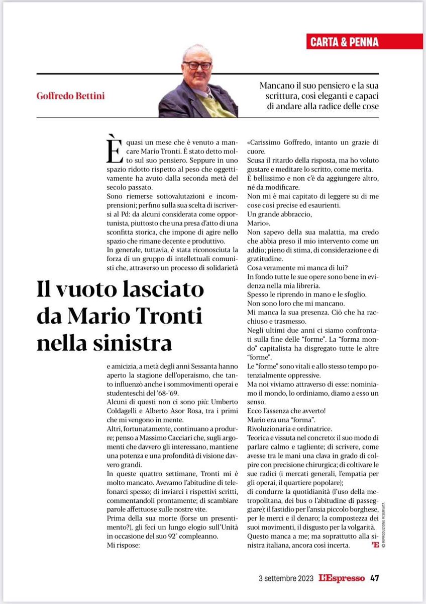 Cari amici,

Vi segnalo il mio intervento su <a href="/espressonline/">L'Espresso</a> , a quasi un mese dalla scomparsa di #MarioTronti 

Buona domenica