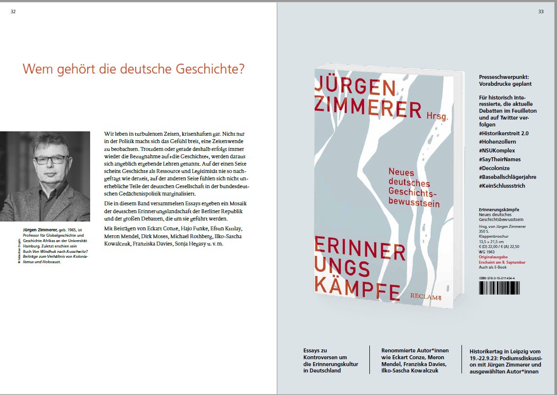 JuergenZimmerer's tweet image. Für alle, die Fahrt nach Leipzig #HistorikerInnentag  planen. Am Eröffnungsabend gibt es ab 20 Uhr im #Grassi die Weltpremiere unseres Buches "#Erinnerungskämpfe. Neues deutsches Geschichtsbewusstsein" @ReclamVerlag . 
In #Aiwanger-Tagen aktueller denn je
reclam.de/detail/978-3-1…