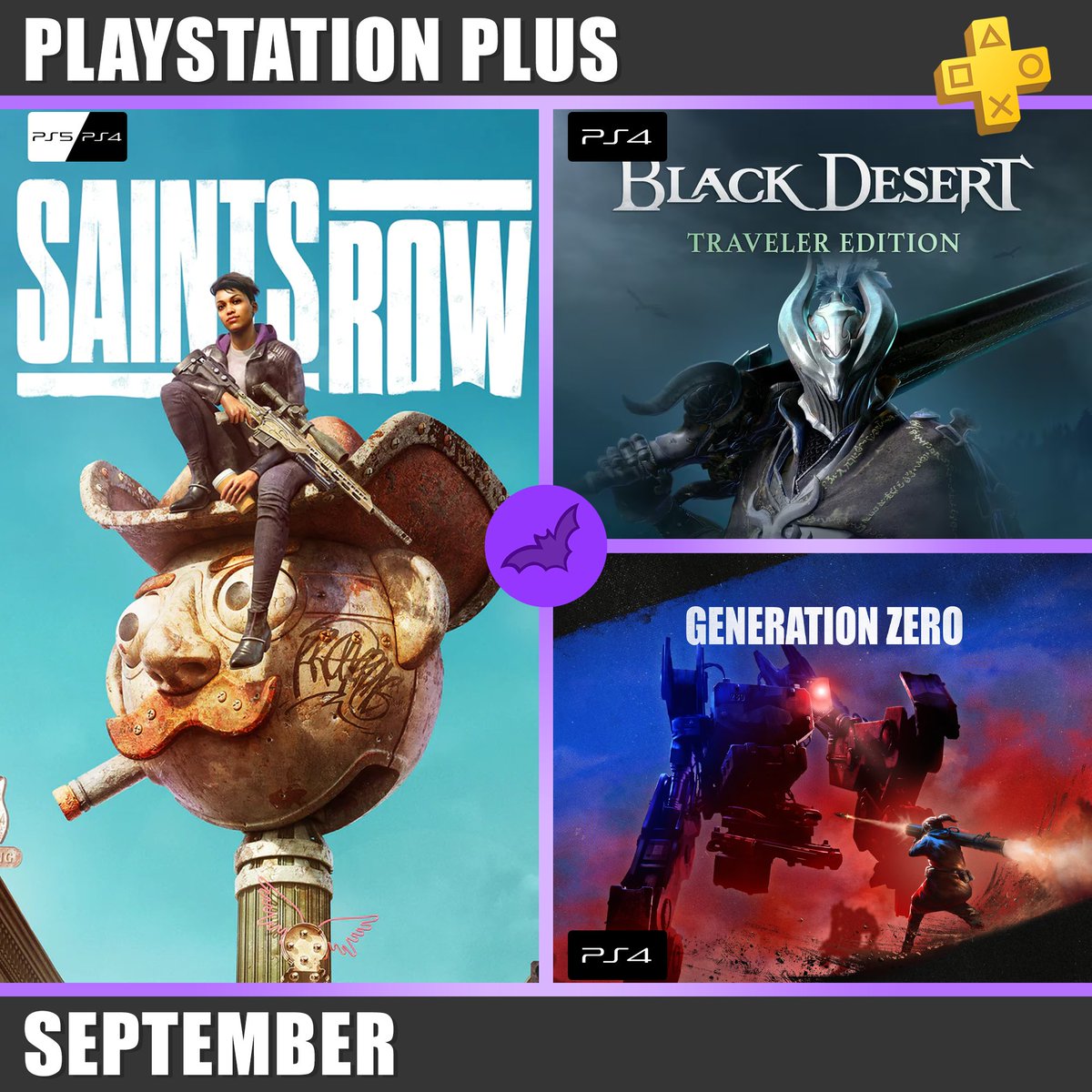 Furia898's tweet photo. Estes são os jogos do PlayStation Plus do mês de Setembro, não se esqueçam de fazer download/adicionar os jogos de Agosto.

🟪 Saints Row
🟦 Black Desert - Traveler Edition
🟪 Generation Zero

#Furia898 #PlayStation #PlayStationPlus #PS5 #PS4 #playstation4 #PlayStation5 #PSPlus https://t.co/qKZsjdJT9Q