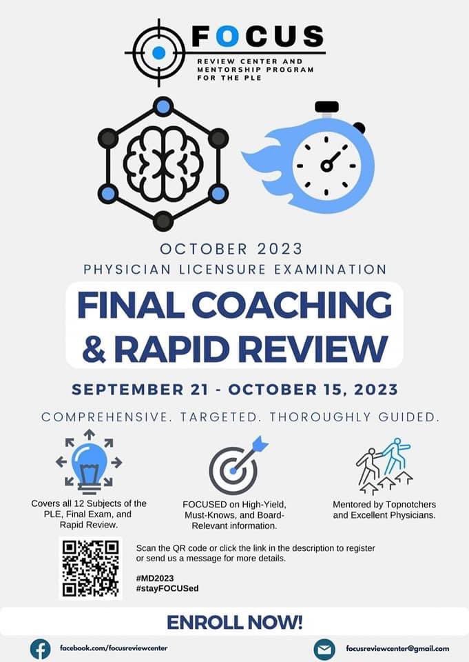 focusrevcenter's tweet photo. Hello doctors! We are now accepting SCHOLARS! for our established and the most high yield Final Coaching Program Nationwide!
Be our next Scholar and Topnotcher doc!
#md2023
#ple2023
#mdsoon
#stayFOCUSed! https://t.co/OaHTgdS8nj