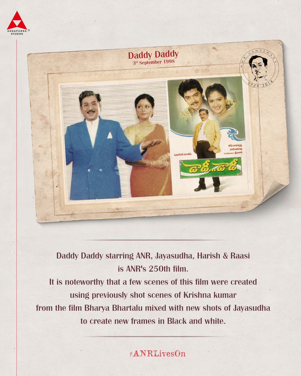 vamsikaka's tweet photo. #CelebratingANR100 

3rd September, 1998 marked the release of #AkkineniNageswaraRao Garu's milestone 250th film - #DaddyDaddy

The film had #Jayasudha Garu, #Harish and #Raasi in the other lead roles. 

#ANRLivesOn @AnnapurnaStdios https://t.co/78048MdlBU