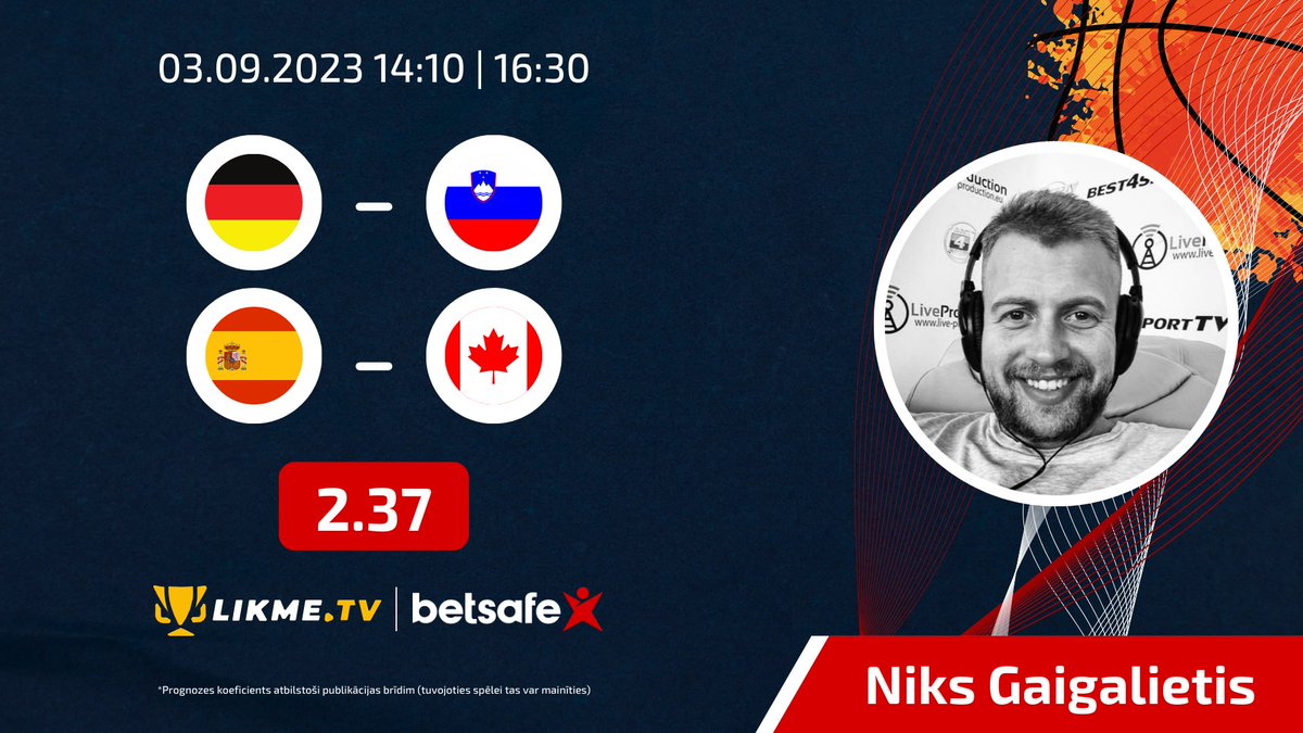 LikmeTv's tweet photo. Vācijas un Slovēnijas duelī noskaidrosies Latvijas potenciālā pretiniece 1/4 finālā 🏀

Savukārt Kanāda centīsies uzvarēt Spāniju un iekļūt play-off ⚡️

Vairāk par spēlēm lasi @BetsafeLatvija eksperta @nix_gaigalietis sagatavotajā materiālā 👇

✅ https://t.co/RzwLf3qild https://t.co/HaLf1T60pT