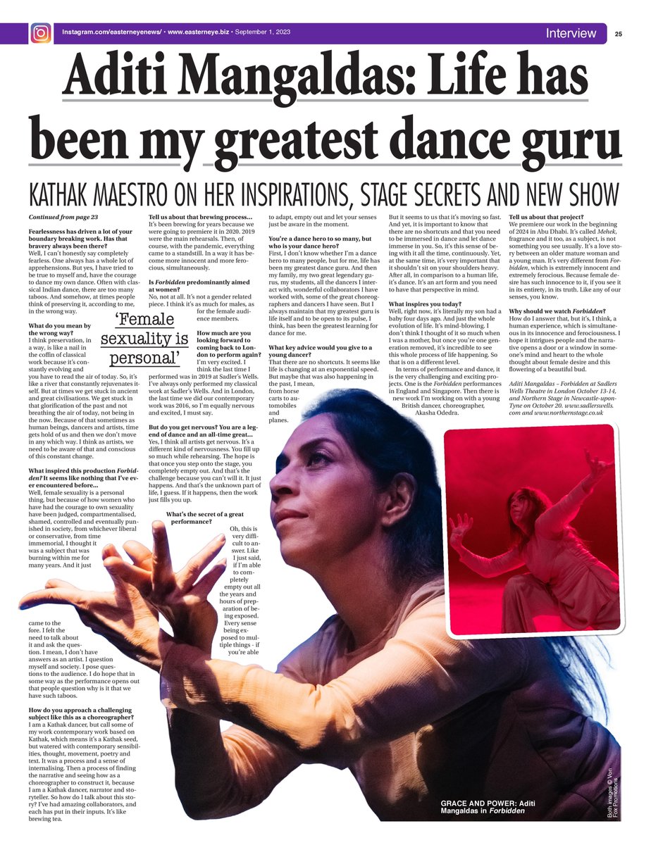 asjadnazir's tweet image. My cover interview with brilliant dancer and forward thinking choreographer @AditiMangaldas is out now.
#Forbidden #AditiMangaldas
ONLINE LINK: easterneye.biz/aditi-mangalda…